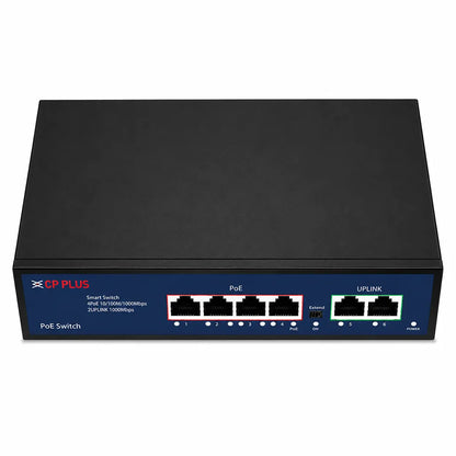 CP PLUS CP-DNW-GPU4G2-48 Gigabit PoE Switch top front view with metal enclosure and Gigabit Ethernet ports -tpstech.in