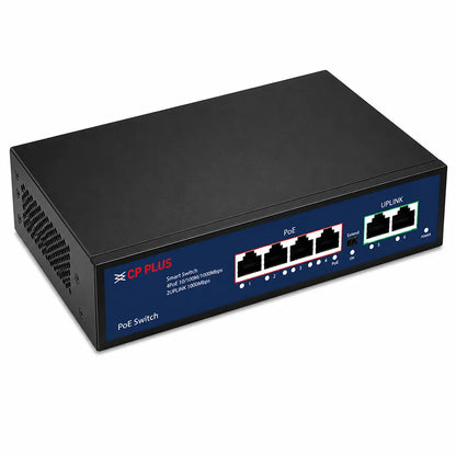 CP PLUS CP-DNW-GPU4G2-48 6-Port Gigabit PoE Network Switch top left angle view with 4 PoE ports and 2 Gigabit uplink ports -tpstech.in