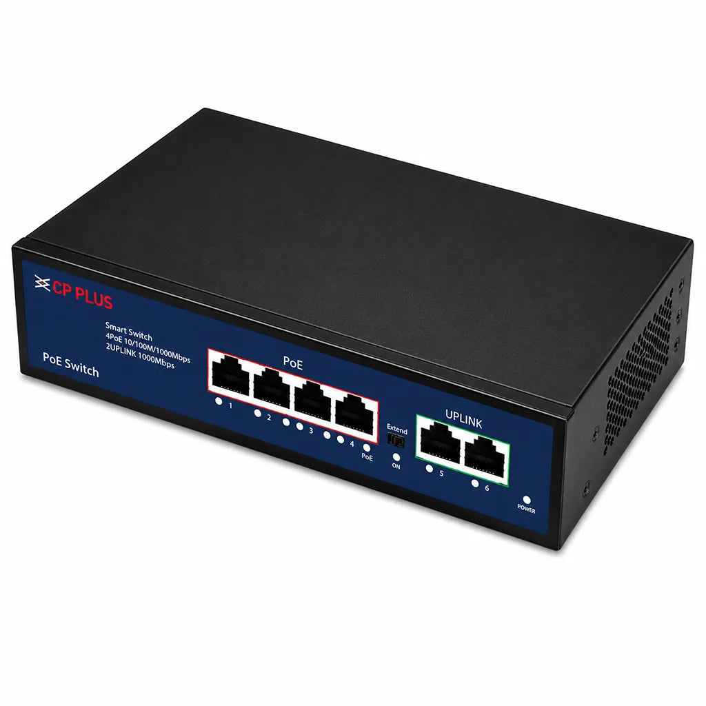 CP PLUS CP-DNW-GPU4G2-48 6-Port Gigabit PoE Switch top right angle view for surveillance and network installations -tpstech.in