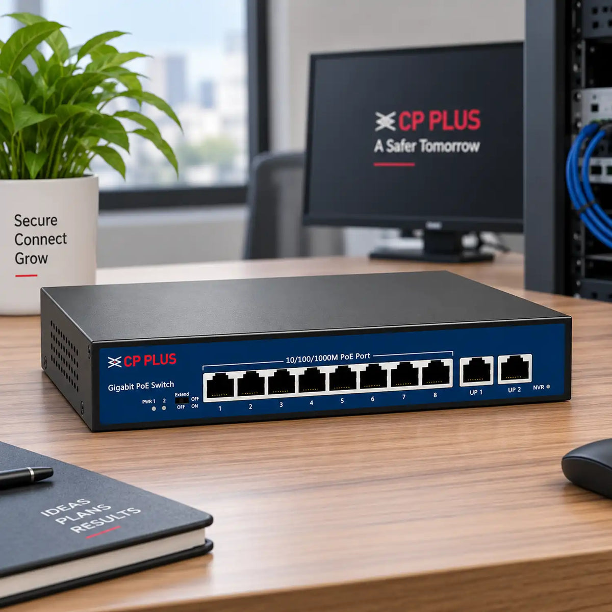 CP PLUS CP-DNW-GPU8G2-96-V3 8 Port Gigabit PoE Switch in Office Desk Setup -tpstech.in
