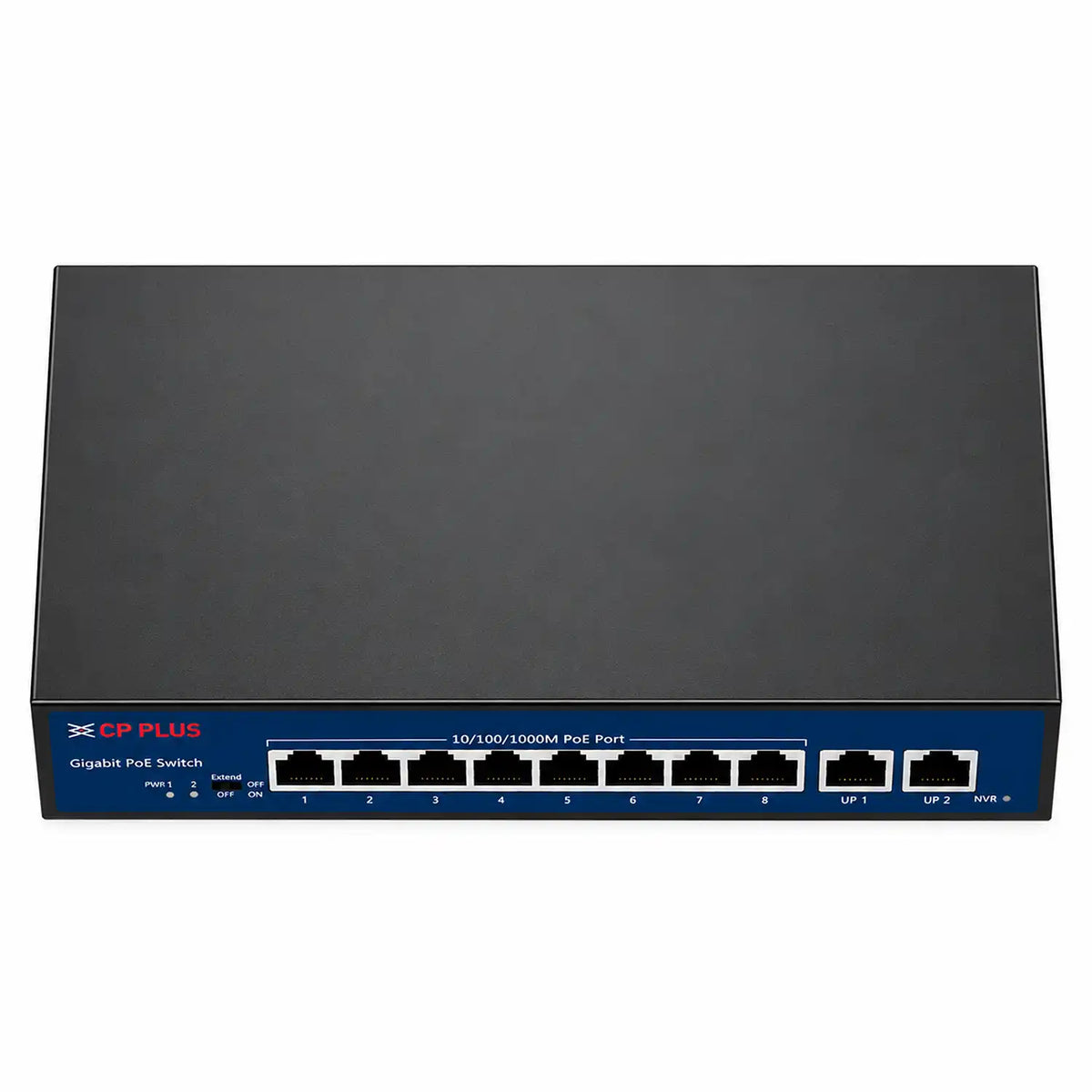 CP PLUS CP-DNW-GPU8G2-96-V3 8 Port Gigabit PoE Switch Top Down Perspective -tpstech.in