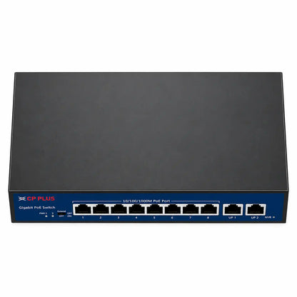 CP PLUS CP-DNW-GPU8G2-96-V3 8 Port Gigabit PoE Switch Top Down Perspective -tpstech.in