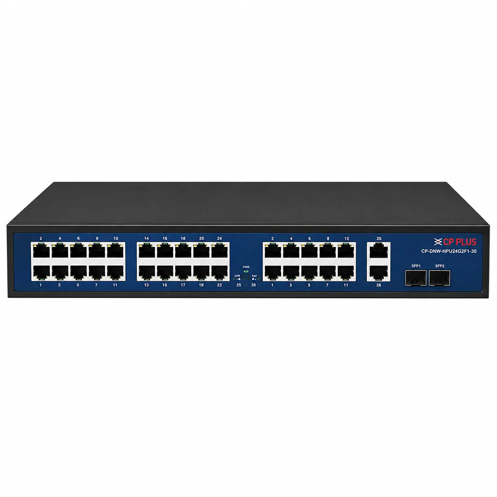 CP PLUS CP-DNW-HPU24G2F1-30 24 Port PoE Network Switch front view with 2 Gigabit uplink ports and 2 SFP ports for CCTV networking -tpstech.in