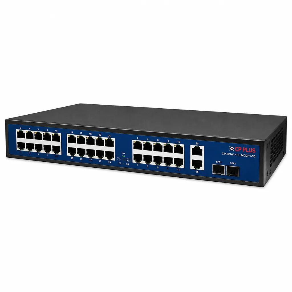 CP PLUS CP-DNW-HPU24G2F1-30 24 Port PoE Network Switch left angle view with Gigabit uplinks and SFP ports -tpstech.in