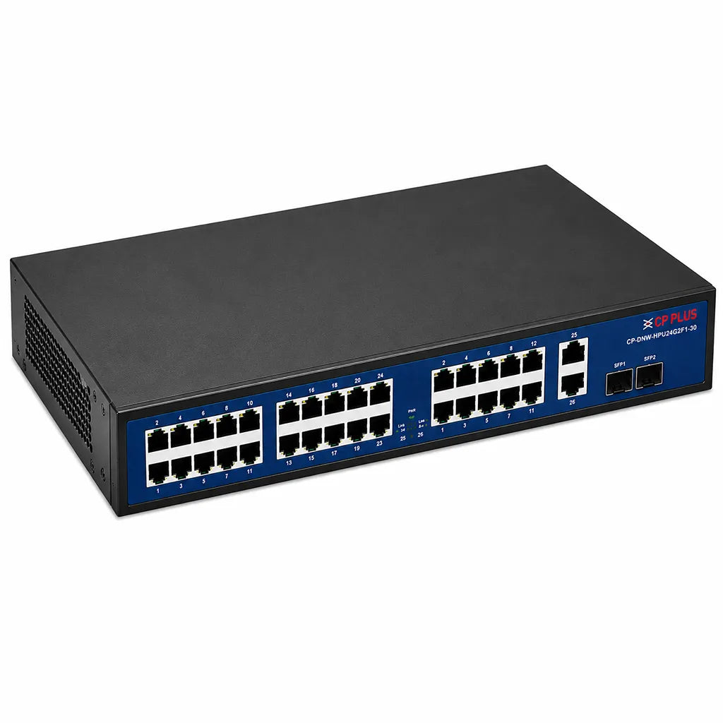 CP PLUS CP-DNW-HPU24G2F1-30 24 Port PoE Network Switch right angle view with PoE Ethernet ports and SFP uplinks -tpstech.in
