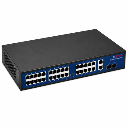 CP PLUS CP-DNW-HPU24G2F1-30 24 Port PoE Network Switch right angle view with PoE Ethernet ports and SFP uplinks -tpstech.in
