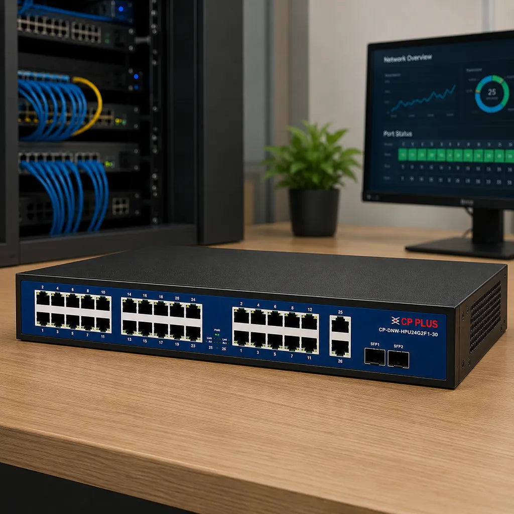 CP PLUS CP-DNW-HPU24G2F1-30 24 Port PoE Network Switch installed in a professional server room for IP CCTV and enterprise networking -tpstech.in