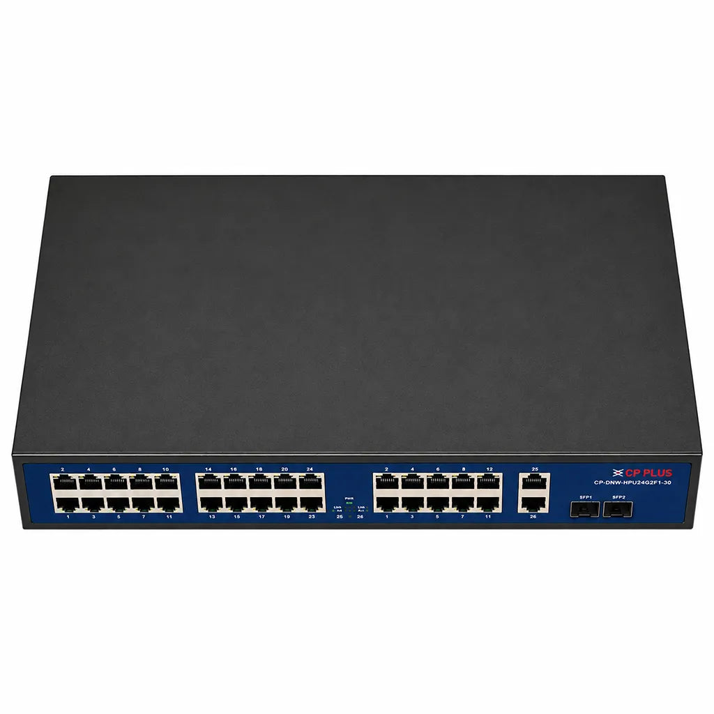 CP PLUS CP-DNW-HPU24G2F1-30 24 Port PoE Network Switch top front view for surveillance and enterprise networking -tpstech.in