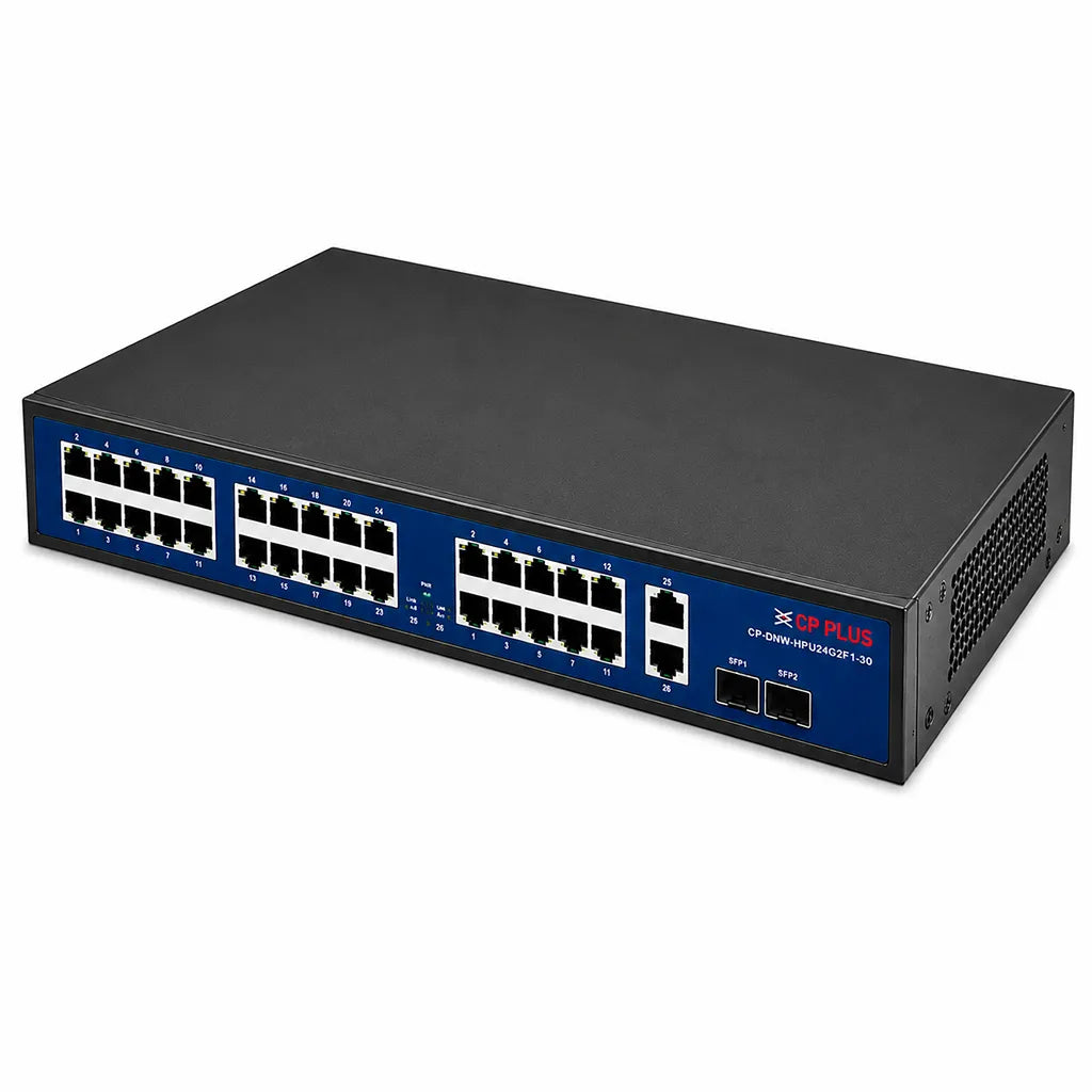 CP PLUS CP-DNW-HPU24G2F1-30 24 Port PoE Network Switch top right perspective showing metal chassis and network ports -tpstech.in