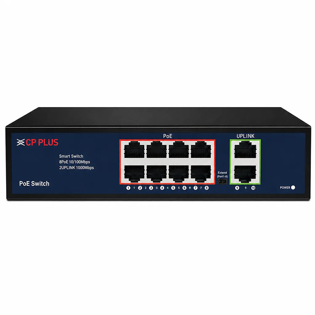 CP PLUS CP-DNW-HPU8G2-96-V3 10 Port PoE Switch with 8 PoE ports and 2 Gigabit uplink ports front view for CCTV networking -tpstech.in
