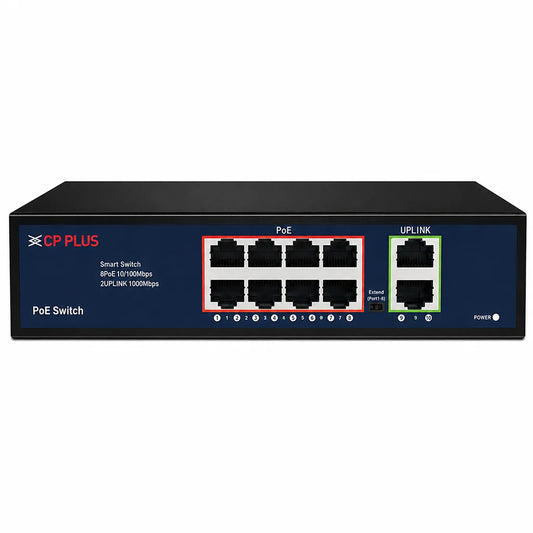 CP PLUS CP-DNW-HPU8G2-96-V3 10 Port PoE Switch with 8 PoE ports and 2 Gigabit uplink ports front view for CCTV networking -tpstech.in