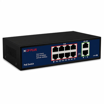 CP PLUS CP-DNW-HPU8G2-96-V3 unmanaged 10 Port PoE Switch with 8 PoE ports and 2 Gigabit uplink ports left angle view -tpstech.in