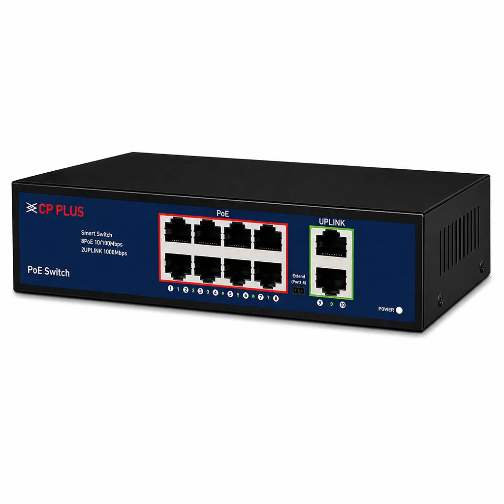 CP PLUS CP-DNW-HPU8G2-96-V3 10 Port Ethernet PoE Switch with 96W PoE budget and Gigabit uplink ports right angle view -tpstech.in