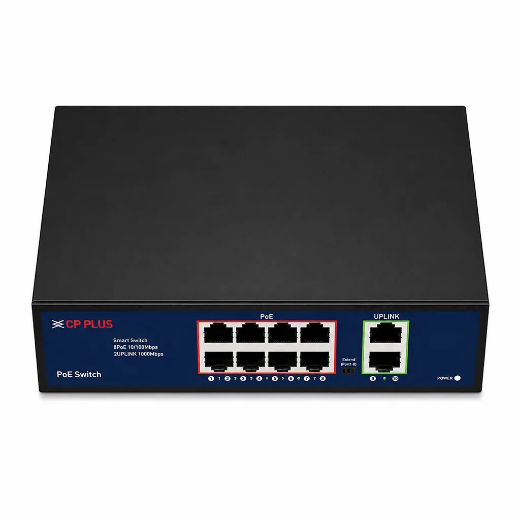 Close-up of CP PLUS CP-DNW-HPU8G2-96-V3 showing 8 PoE Ethernet ports, 2 Gigabit uplink ports and Extend mode switch -tpstech.in