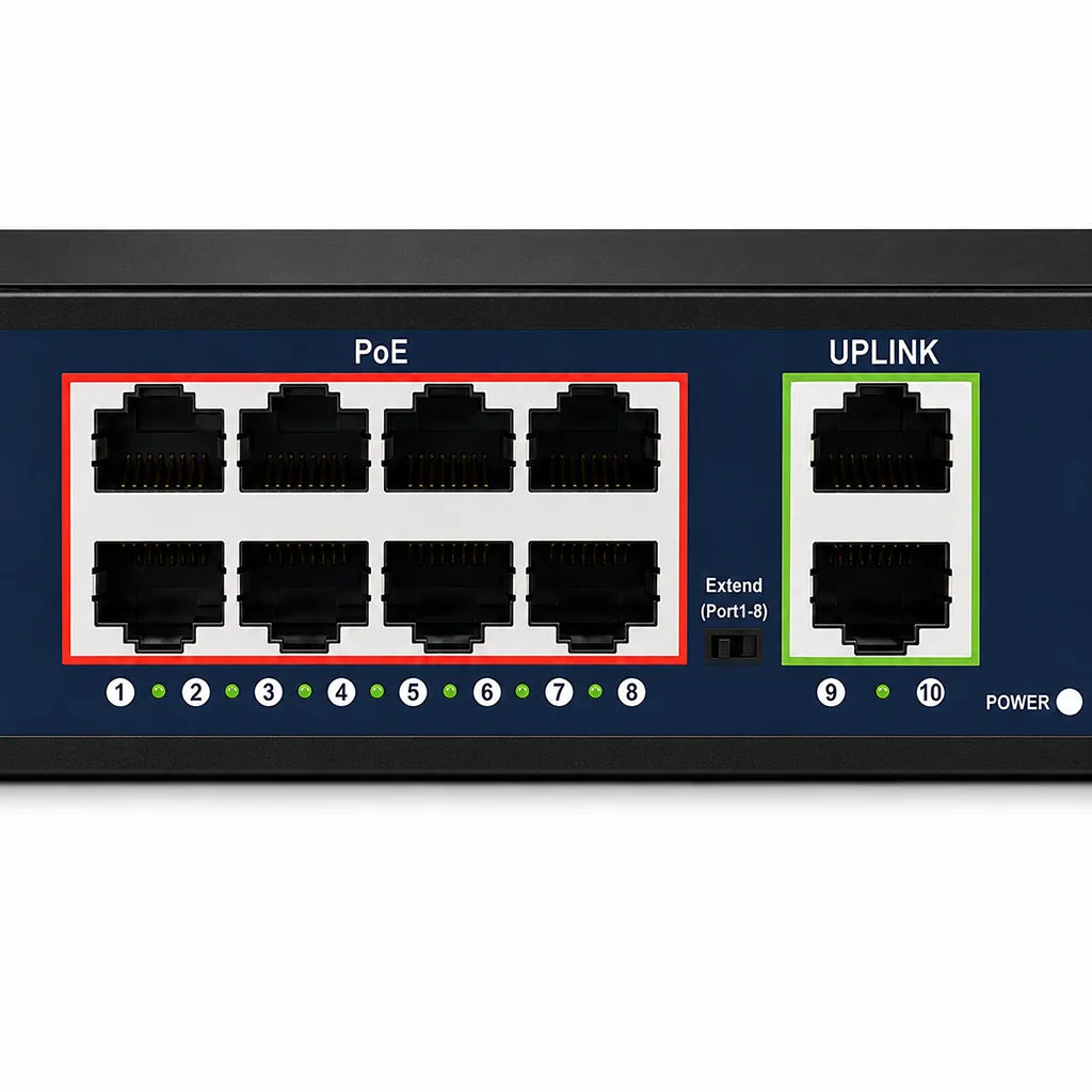 Top view of CP PLUS CP-DNW-HPU8G2-96-V3 unmanaged 10 Port PoE Switch with 8 PoE ports and 2 Gigabit uplink ports -tpstech.in