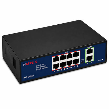CP PLUS CP-DNW-HPU8G2-96-V3 10 Port PoE Switch for IP cameras and surveillance systems perspective view -tpstech.in