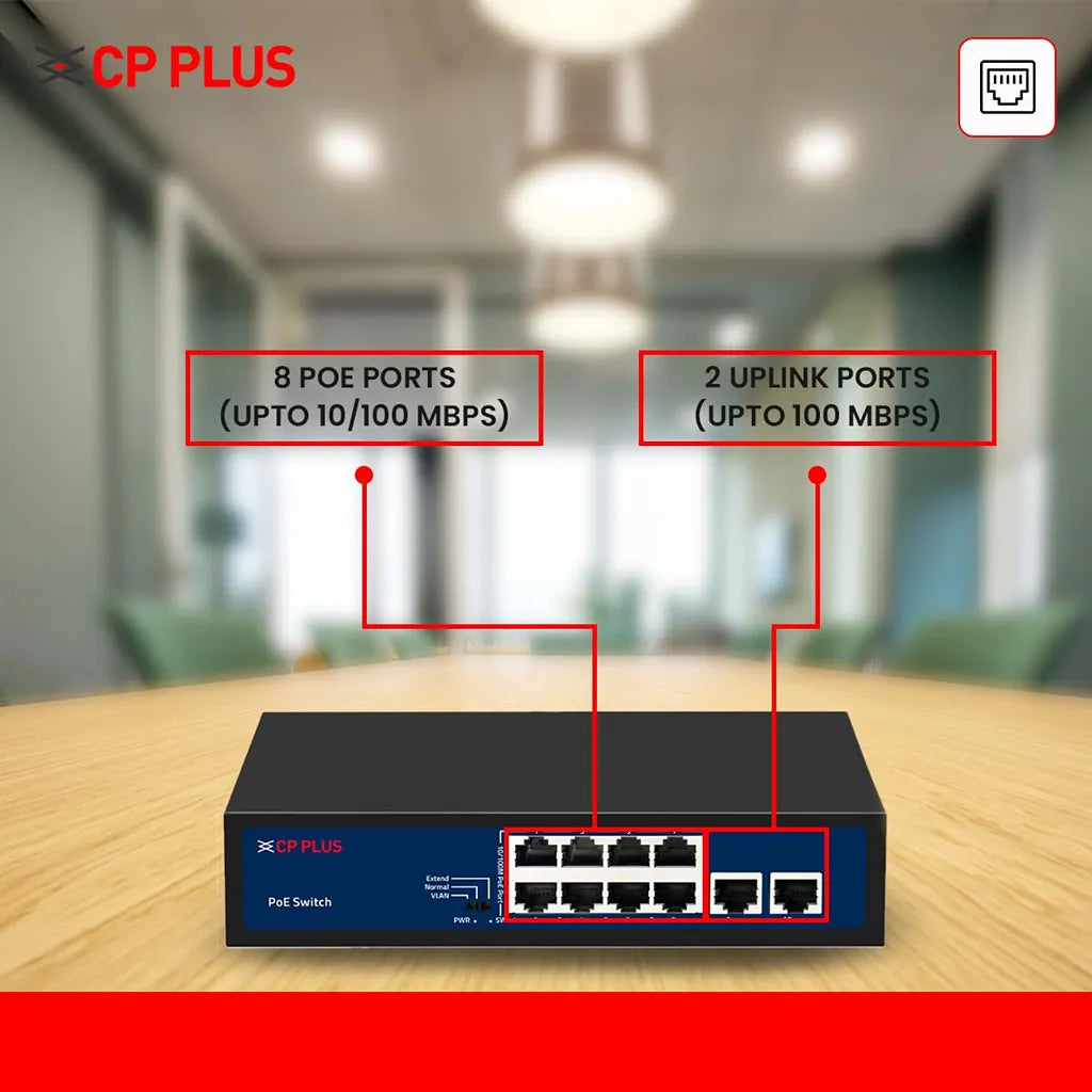 CP PLUS CP-DNW-HPU8H2-96-V2 PoE switch featuring 8 PoE ports and 2 Fast Ethernet uplink ports for surveillance systems -tpstech.in