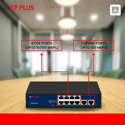 CP PLUS CP-DNW-HPU8H2-96-V2 PoE switch featuring 8 PoE ports and 2 Fast Ethernet uplink ports for surveillance systems -tpstech.in