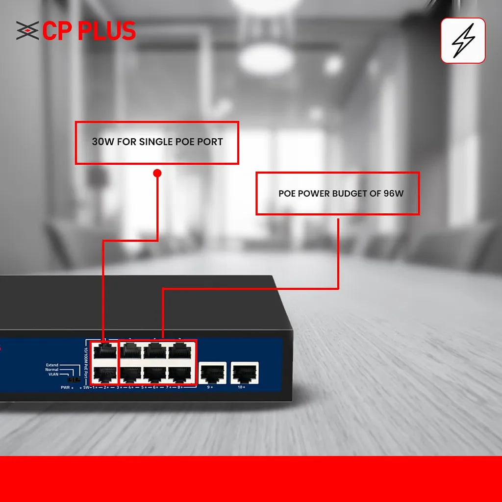 CP PLUS CP-DNW-HPU8H2-96-V2 network switch with 96W PoE budget and up to 30W output per PoE port -tpstech.in