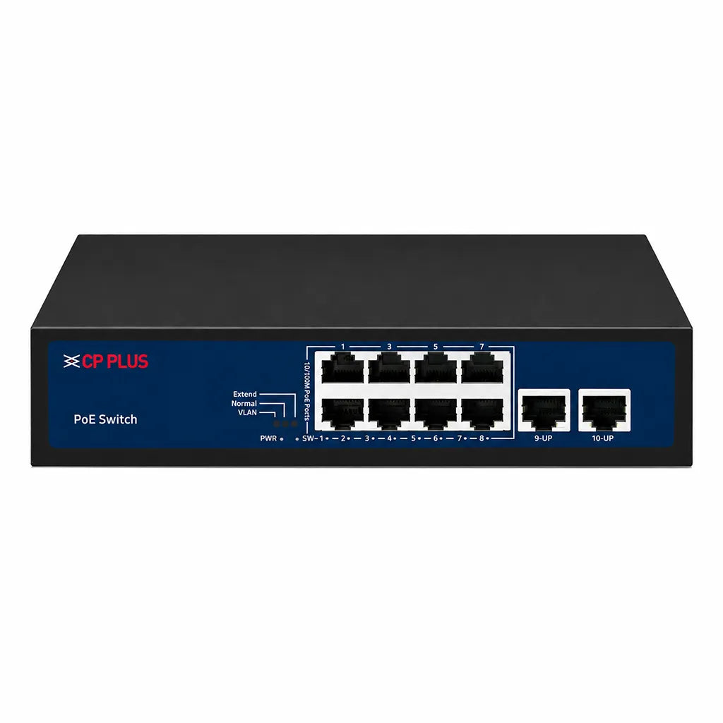 Front view of CP PLUS CP-DNW-HPU8H2-96-V2 10 Port Fast Ethernet PoE network switch with 8 PoE ports and 2 uplink ports -tpstech.in