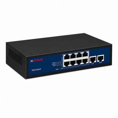 Left angled view of CP PLUS CP-DNW-HPU8H2-96-V2 Fast Ethernet PoE switch for CCTV and IP camera networking -tpstech.in