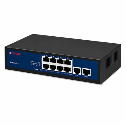 Right angled view of CP PLUS CP-DNW-HPU8H2-96-V2 8 Port PoE switch with dual uplink ports -tpstech.in