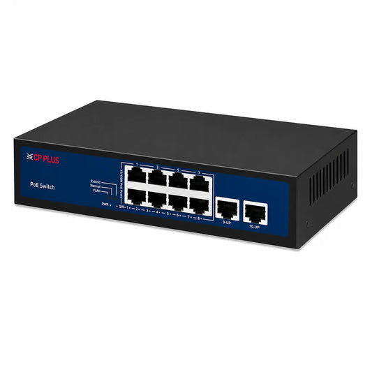 Right angled view of CP PLUS CP-DNW-HPU8H2-96-V2 8 Port PoE switch with dual uplink ports -tpstech.in