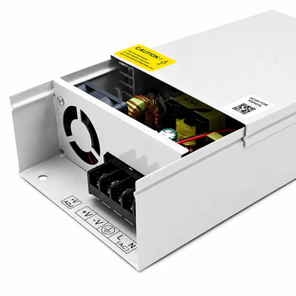 Angled view of CP PLUS CP-DPS-MD200-12D 20A 12V CCTV metal case power supply with cooling fan and terminal block -tpstech.in