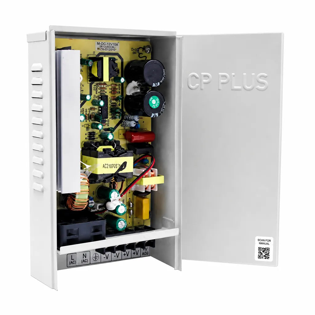 CP PLUS CP-DPS-MD200-12D CCTV power supply with open metal case displaying internal components and terminal block -tpstech.in