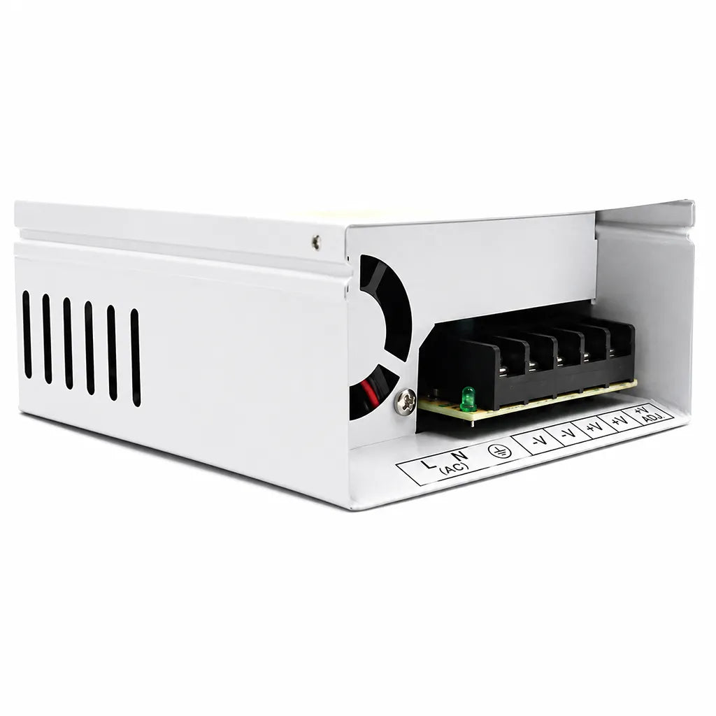 CP PLUS CP-DPS-MD200-12D 20A 12V 240W CCTV metal case power supply showing output terminal connections and cooling fan -tpstech.in