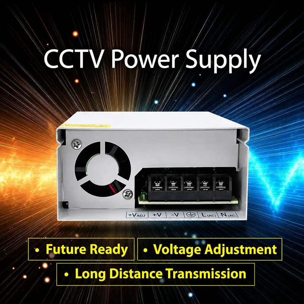 CP PLUS CP-DPS-MD200-12D CCTV power supply highlighting voltage adjustment, future ready design and long distance transmission -tpstech.in
