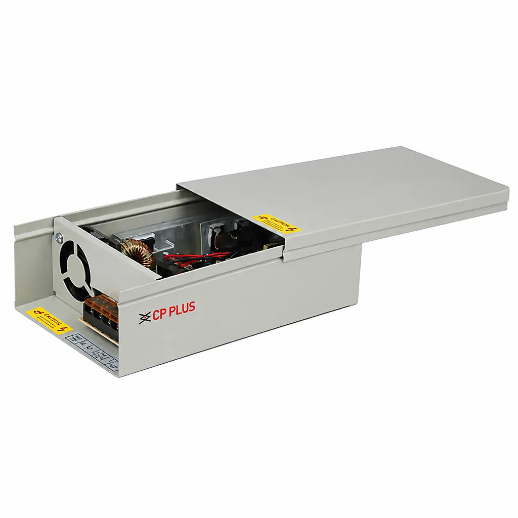 CP PLUS CP-DPS-MD200P-12D 240W 12V CCTV metal case power supply open top view with internal components -tpstech.in