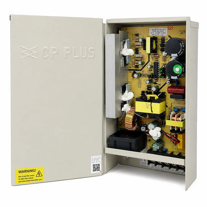 CP PLUS CP-DPS-MD200P-12D metal case CCTV power supply showing internal circuitry and cooling components -tpstech.in