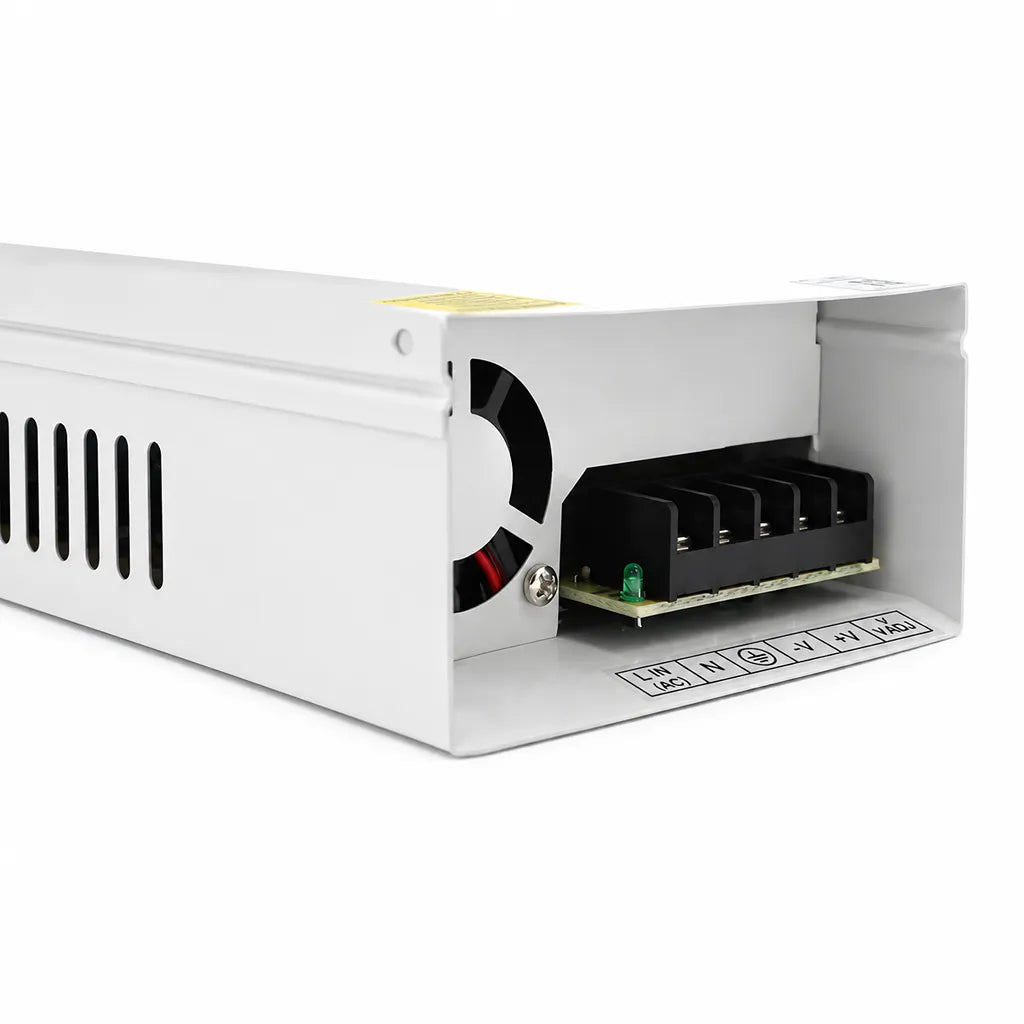 CP PLUS CP-DPS-MD200P-12D 12V 20A CCTV power supply output terminal and cooling fan close-up -tpstech.in