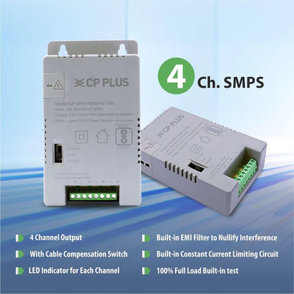 CP PLUS CP-DPS-PD04V2-12D 4 channel CCTV power supply with EMI filter, LED indicators and cable compensation switch -tpstech.in