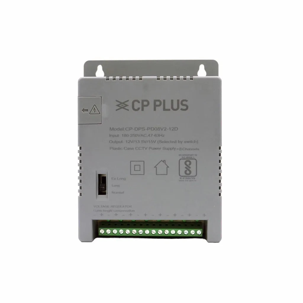 CP PLUS CP-DPS-PD08V2-12D 8 Channel 12V CCTV Power Supply front view with cable compensation switch and LED indicators -tpstech.in