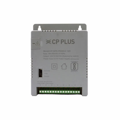 CP PLUS CP-DPS-PD08V2-12D 8 Channel 12V CCTV Power Supply front view with cable compensation switch and LED indicators -tpstech.in