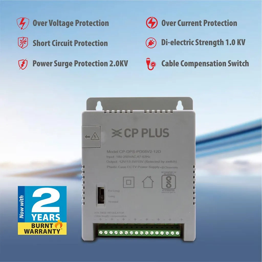 CP PLUS CP-DPS-PD08V2-12D 8 Channel CCTV Power Supply featuring over voltage, over current, surge and short circuit protection -tpstech.in