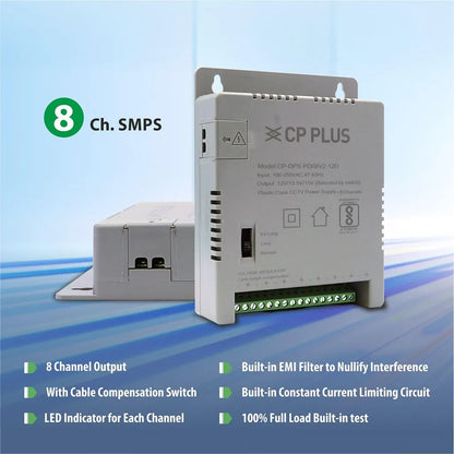 CP PLUS CP-DPS-PD08V2-12D 8 channel SMPS power supply with EMI filter, cable compensation switch and LED indicators -tpstech.in