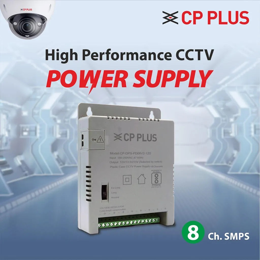 CP PLUS CP-DPS-PD08V2-12D high performance 8 channel 12V CCTV power supply for surveillance camera systems -tpstech.in