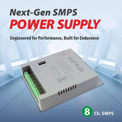 CP PLUS CP-DPS-PD08V2-12D next generation 8 channel SMPS power supply angled view for CCTV installations -tpstech.in