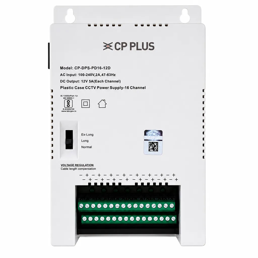 CP PLUS CP-DPS-PD16-12D 16 Channel CCTV Power Supply front view with voltage regulation switch and terminal outputs -tpstech.in