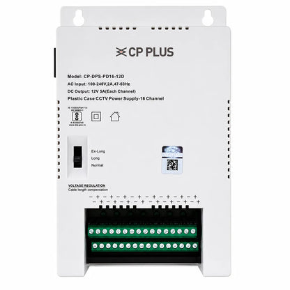 CP PLUS CP-DPS-PD16-12D 16 Channel CCTV Power Supply front view with voltage regulation switch and terminal outputs -tpstech.in