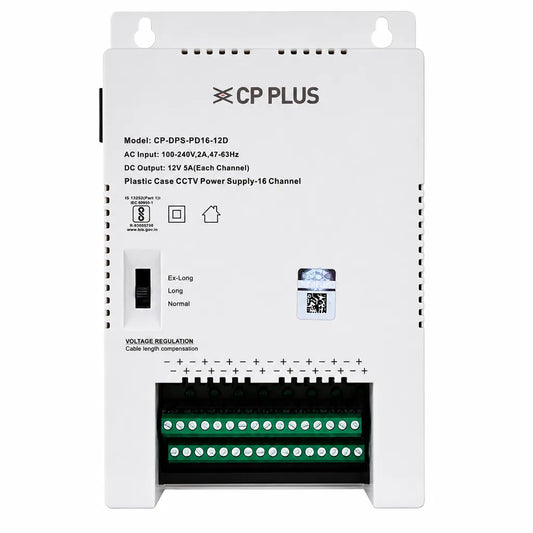 CP PLUS CP-DPS-PD16-12D 16 Channel CCTV Power Supply front view with voltage regulation switch and terminal outputs -tpstech.in