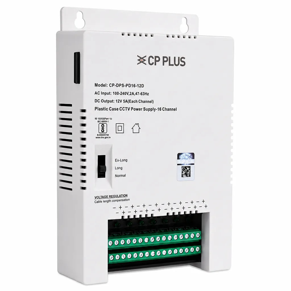 CP PLUS CP-DPS-PD16-12D 16 Channel CCTV Power Supply left angle view showing ventilation slots and power distribution terminals -tpstech.in