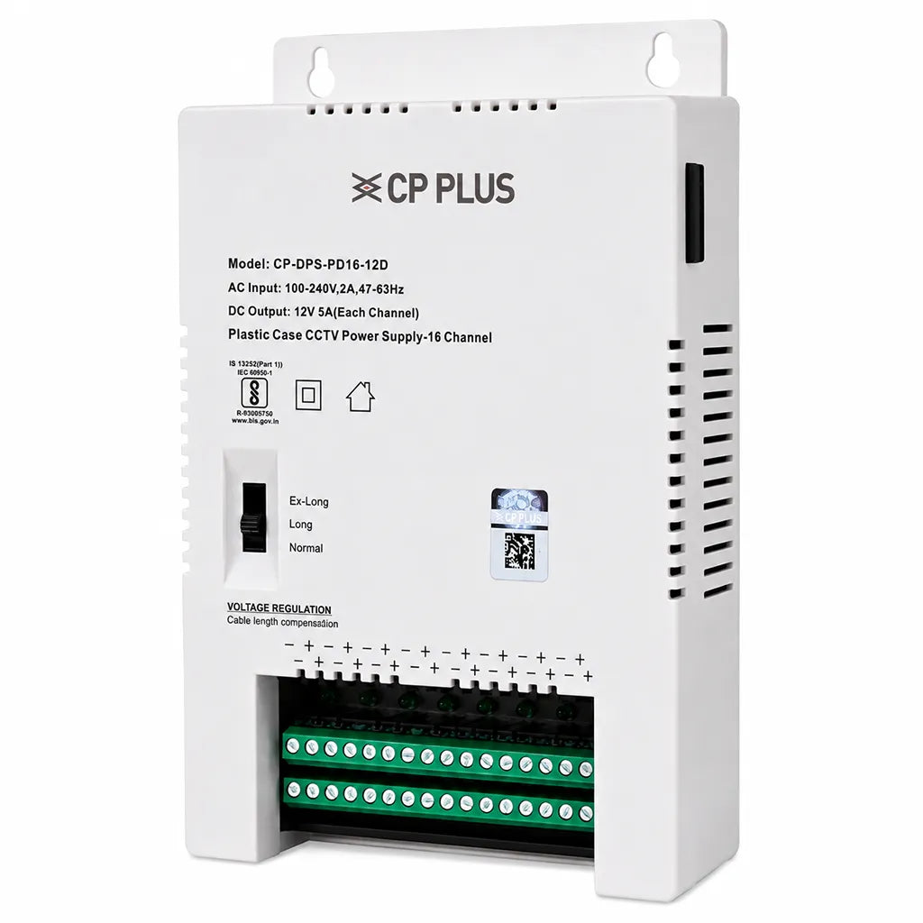 CP PLUS CP-DPS-PD16-12D 16 Channel CCTV Power Supply right angle view with cable length compensation switch -tpstech.in