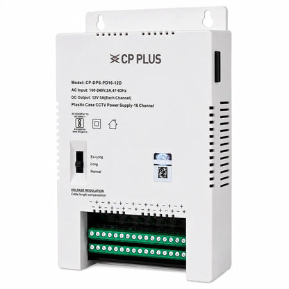 CP PLUS CP-DPS-PD16-12D 16 Channel CCTV Power Supply right angle view with cable length compensation switch -tpstech.in