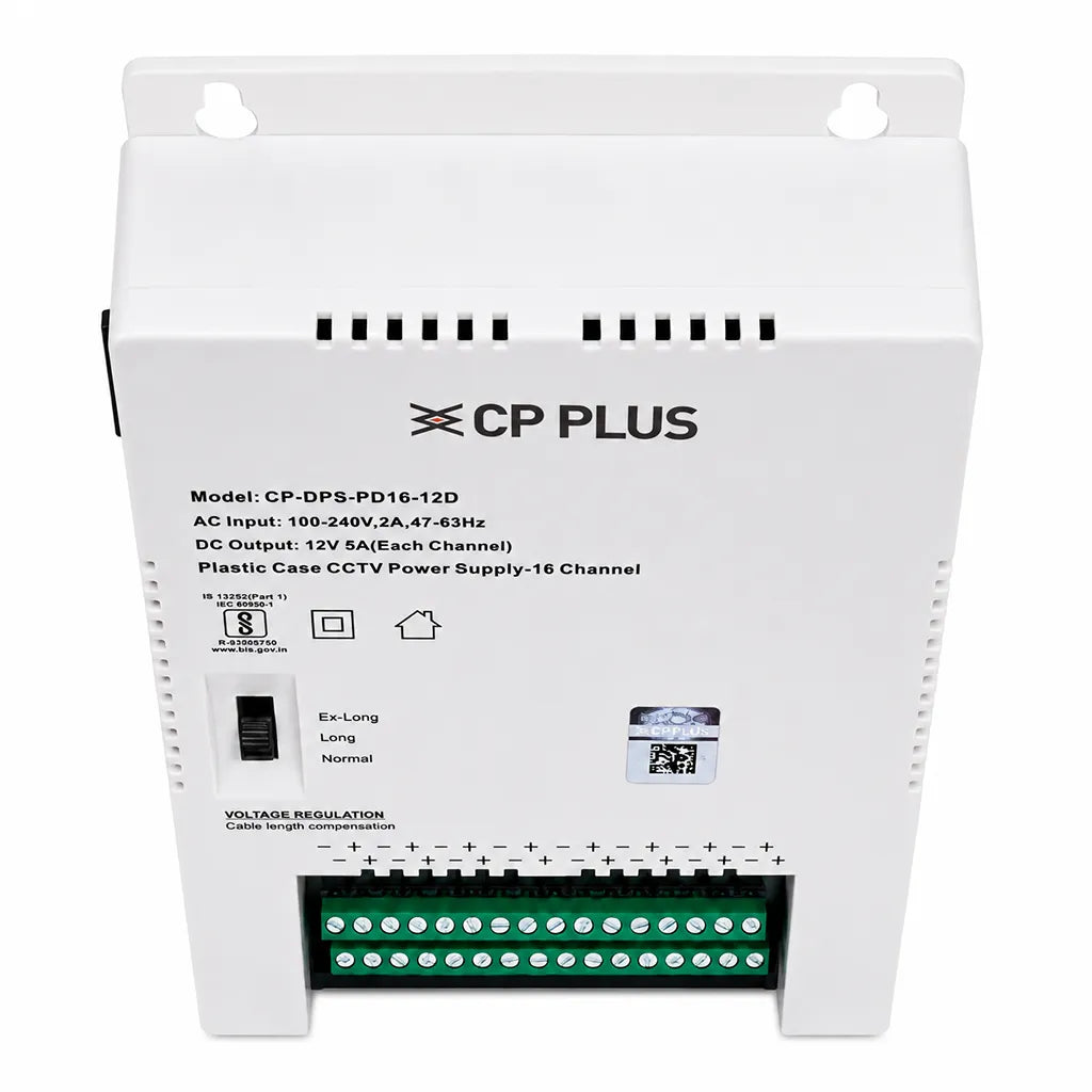CP PLUS CP-DPS-PD16-12D 16 Channel CCTV Power Supply top front view highlighting compact plastic housing -tpstech.in