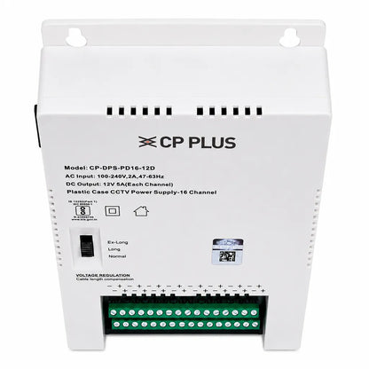 CP PLUS CP-DPS-PD16-12D 16 Channel CCTV Power Supply top front view highlighting compact plastic housing -tpstech.in