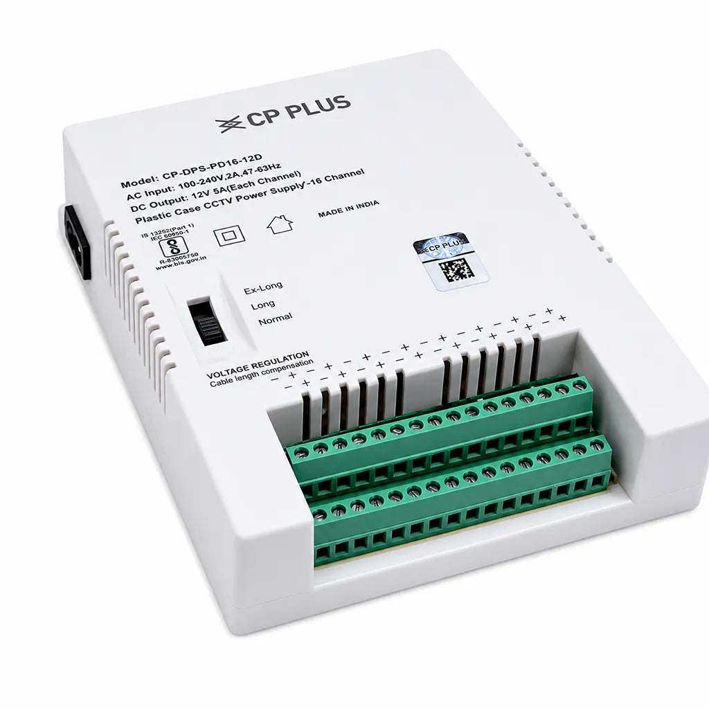 CP PLUS CP-DPS-PD16-12D 16 Channel CCTV Power Supply top perspective showing output terminals and voltage regulation control -tpstech.in